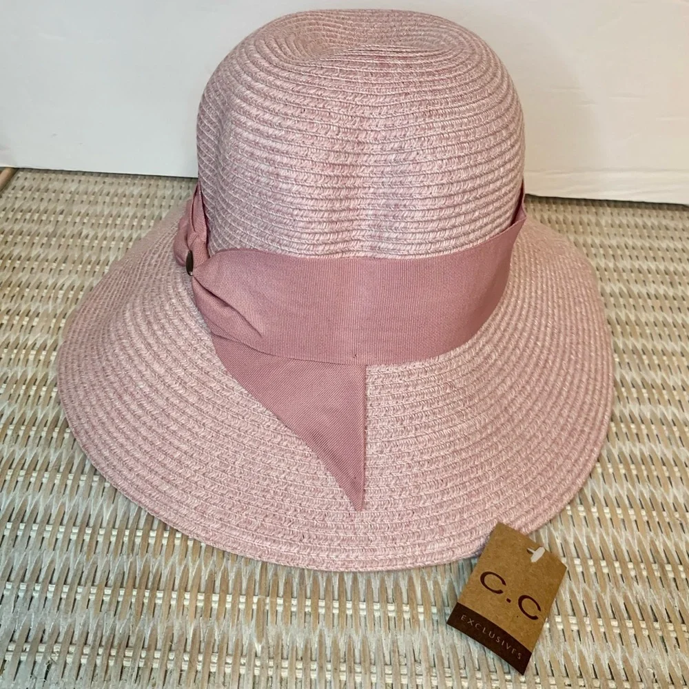 NWT C C Exclusives Straw Floppy Sun Hat Pink One Size